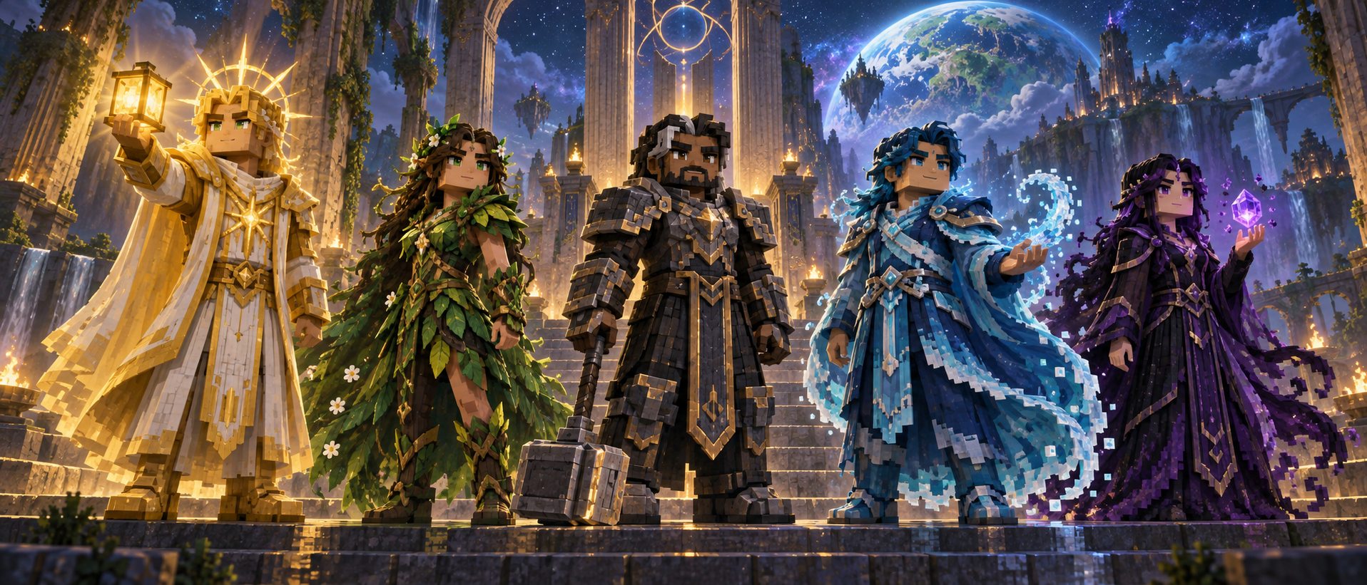 Los cinco Xel’Ra reunidos: Aurel, Silvara, Kharun, Mareth y Nymera